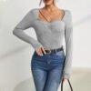 Women's Minimalist Design Square Neck T-shirt Slim And Versatile Autumn And Winter Base Layer