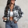 Plaid Lapel Cropped Jacket With Pockets Fashion Button Long Sleeve Short Outwear Tops Coat For Womens Clothing