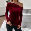 Autumn And Winter New Women's Sexy Off-shoulder Oblique Neck Slim Velvet Long Sleeve Solid Color Party Top