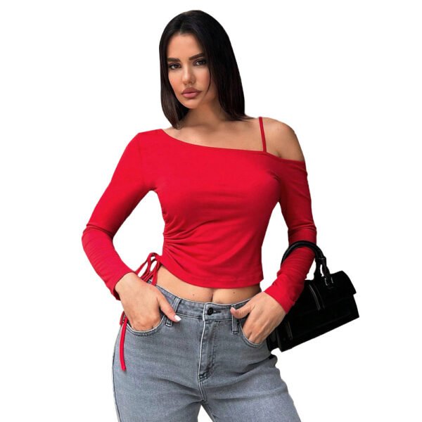 8ae441f7-b722-4963-8426-3f0927eff1c7.jpg European And American Slanted Collar Sweet And Spicy Style T-shirt Autumn And Winter Crop Top Design, Short Red Top For Women