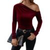 Autumn And Winter New Women's Sexy Off-shoulder Oblique Neck Slim Velvet Long Sleeve Solid Color Party Top