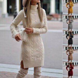 ad53c3f1-c87a-4813-a254-d57cddbca31f.jpg Fashion Turtleneck Knitted Dress With Slit Design Winter Warm Solid Color Pullover Long Sweater Women's Clothing