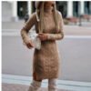 Fashion Turtleneck Knitted Dress With Slit Design Winter Warm Solid Color Pullover Long Sweater Women's Clothing