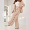 2 Pcs Set Women Suit Coat Pants Suit Lapel Long Sleeves Lady Jacket Wide Leg High Waist Trousers Female Commuting Office Outfit