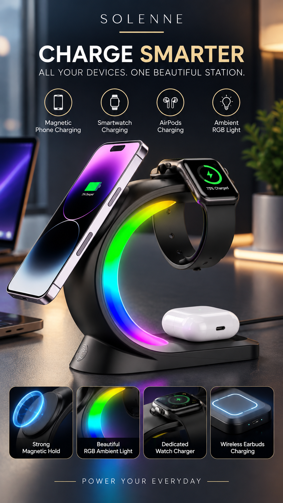 Solenne — 4-in-1 Magnetic Wireless Charging Station with Ambient LED Light