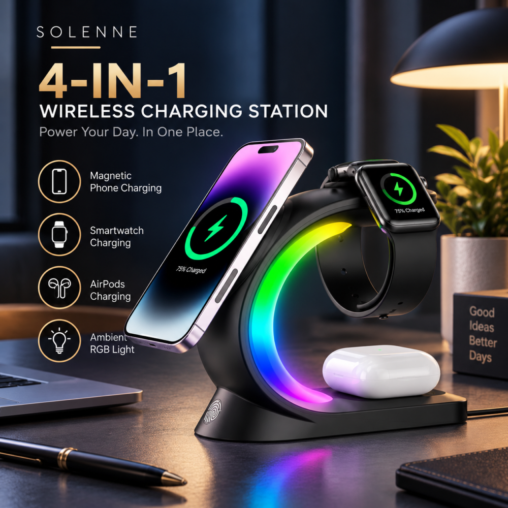 Solenne — 4-in-1 Magnetic Wireless Charging Station with Ambient LED Light
