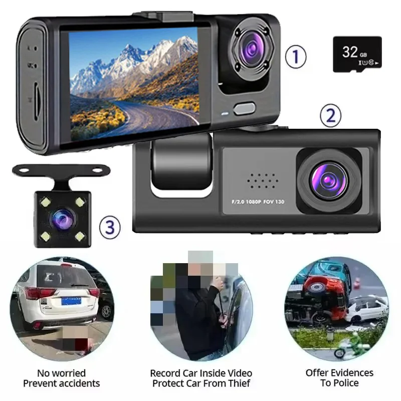 Lunaris dual-lens dash camera mounted on windshield showing 1080P recording
