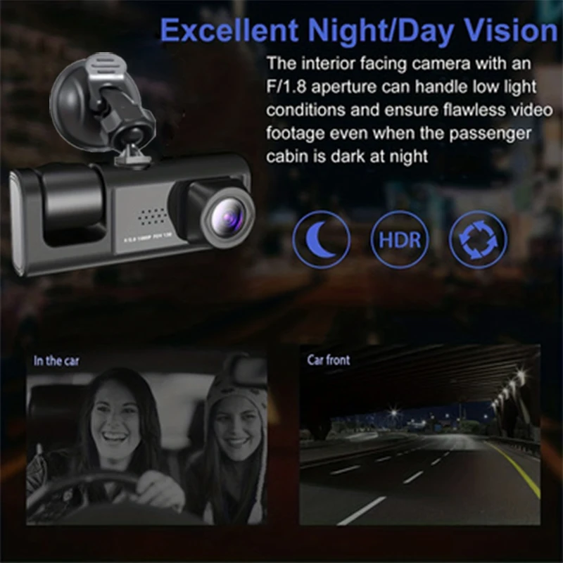 Lunaris dual-lens dash camera mounted on windshield showing 1080P recording 3