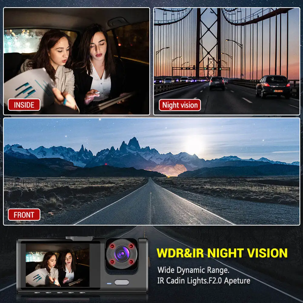 Lunaris dual-lens dash camera mounted on windshield showing 1080P recording 5
