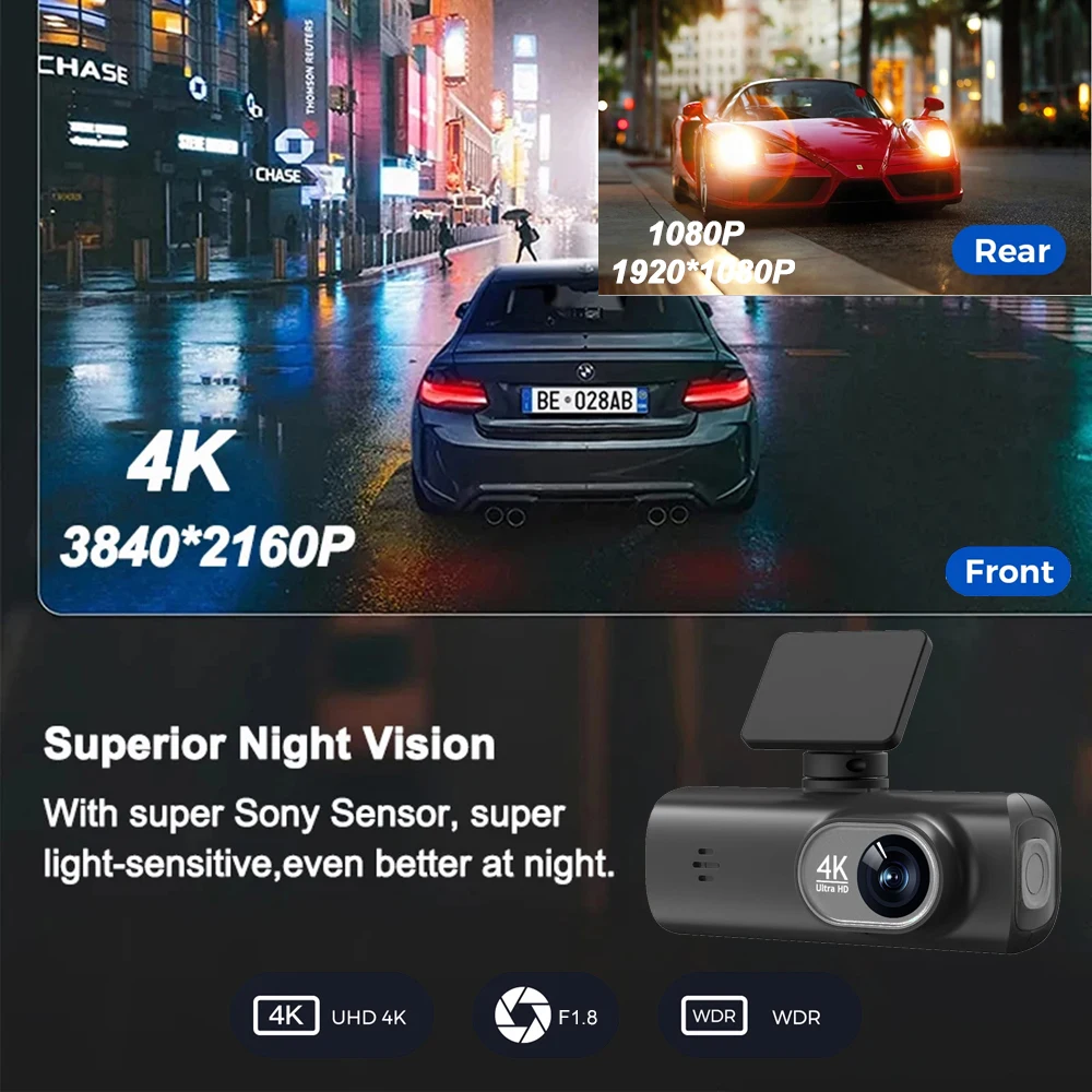 Nexora 4K dash cam with front and rear cameras, WiFi and GPS 5