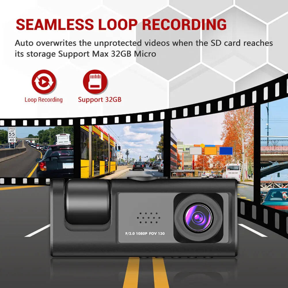 Lunaris dual-lens dash camera mounted on windshield showing 1080P recording 4